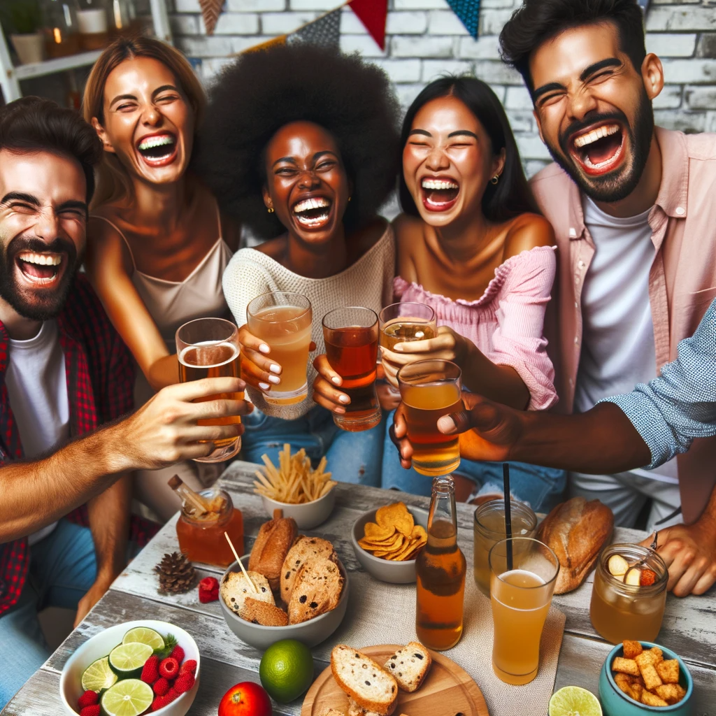 groupe amis festif profitant ensemble de boire un verre autour d'une table